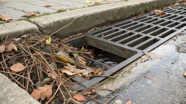 Catch basin clogged with trash and debris