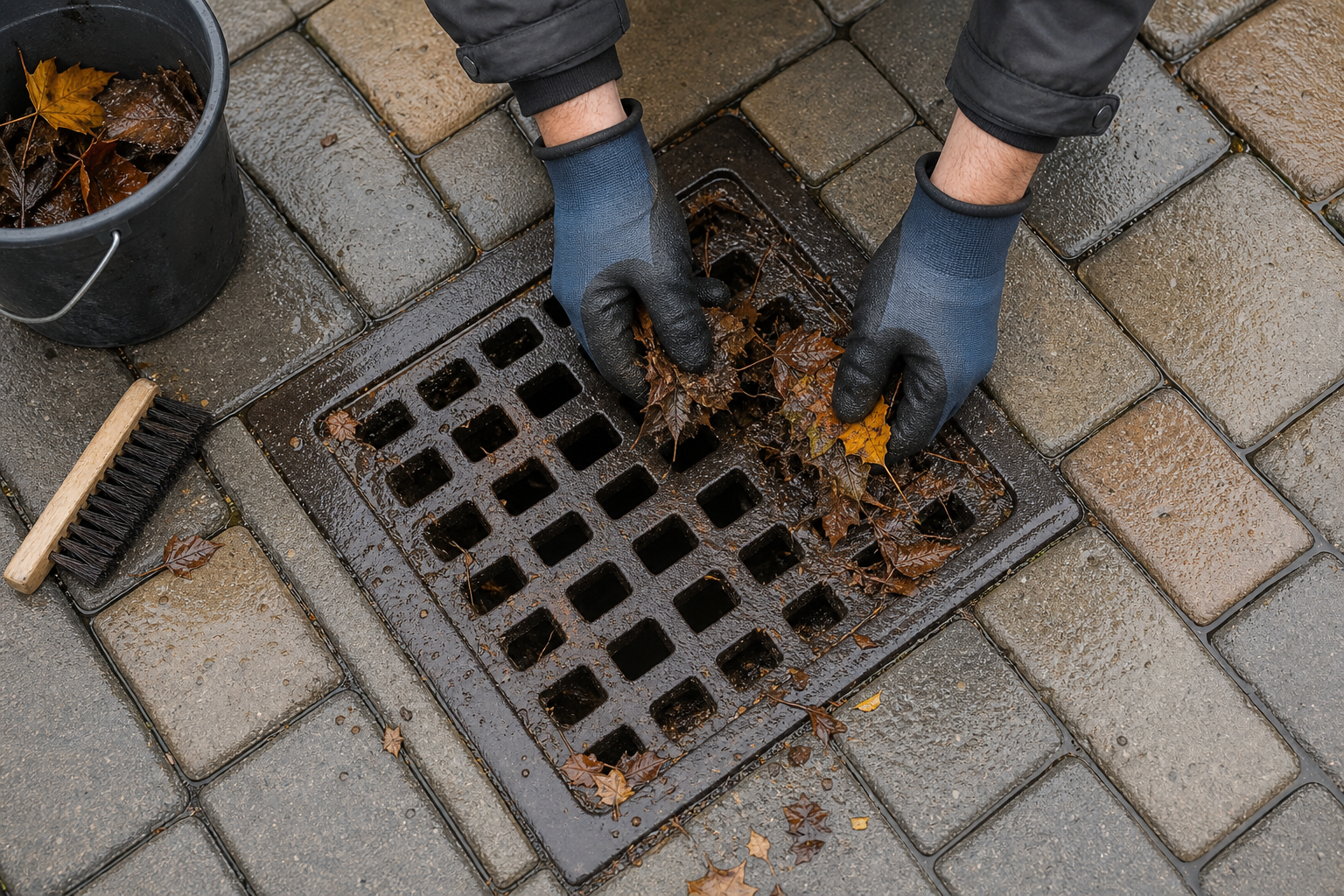 Gloved homeowner removing wet leaves from a residential driveway drain grate