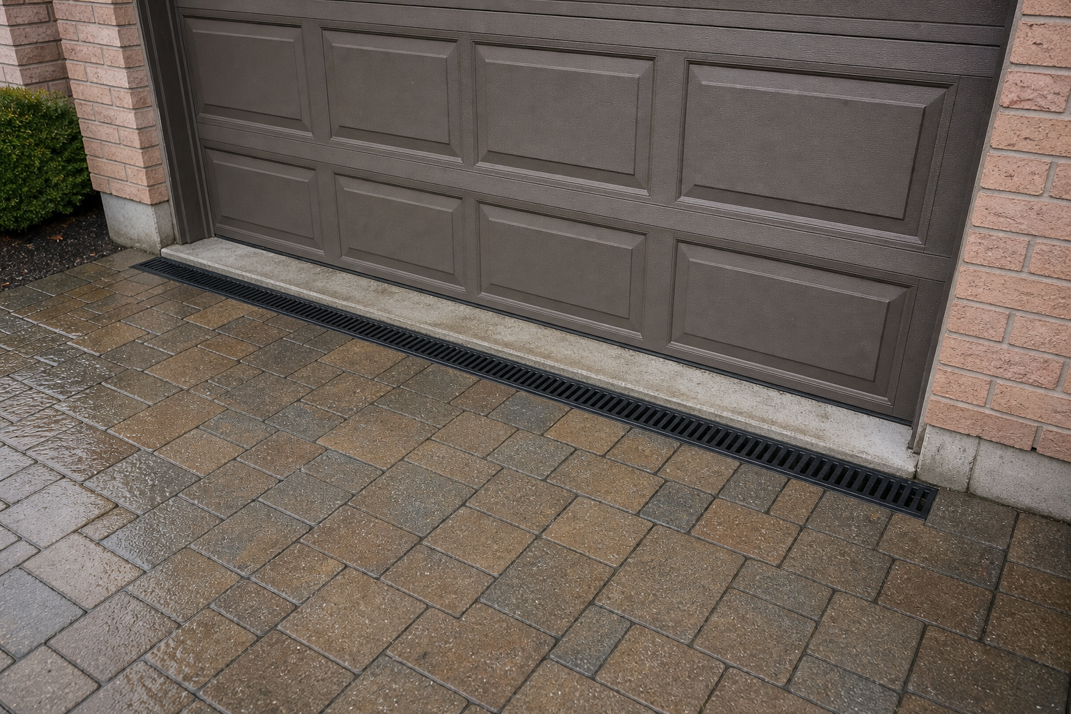 GTA house with a sloped driveway and trench drain immediately outside the garage door